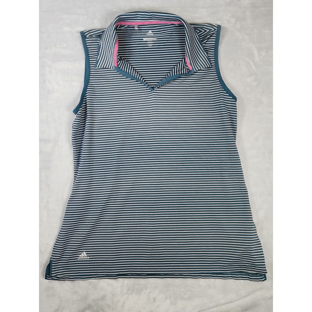 Adidas Golf Green‎ White Striped Sleeveless Polo Shirt Size L